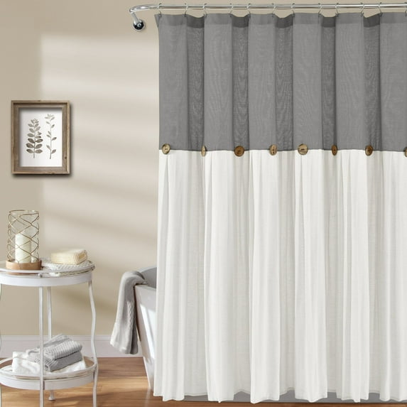 Lush Decor Linen Button Farmhouse Chic Color Blocking with Pleats and Button Embellishments Cotton Blend Shower Curtain, Dark Gray/White, 72"L x 72"W, Single