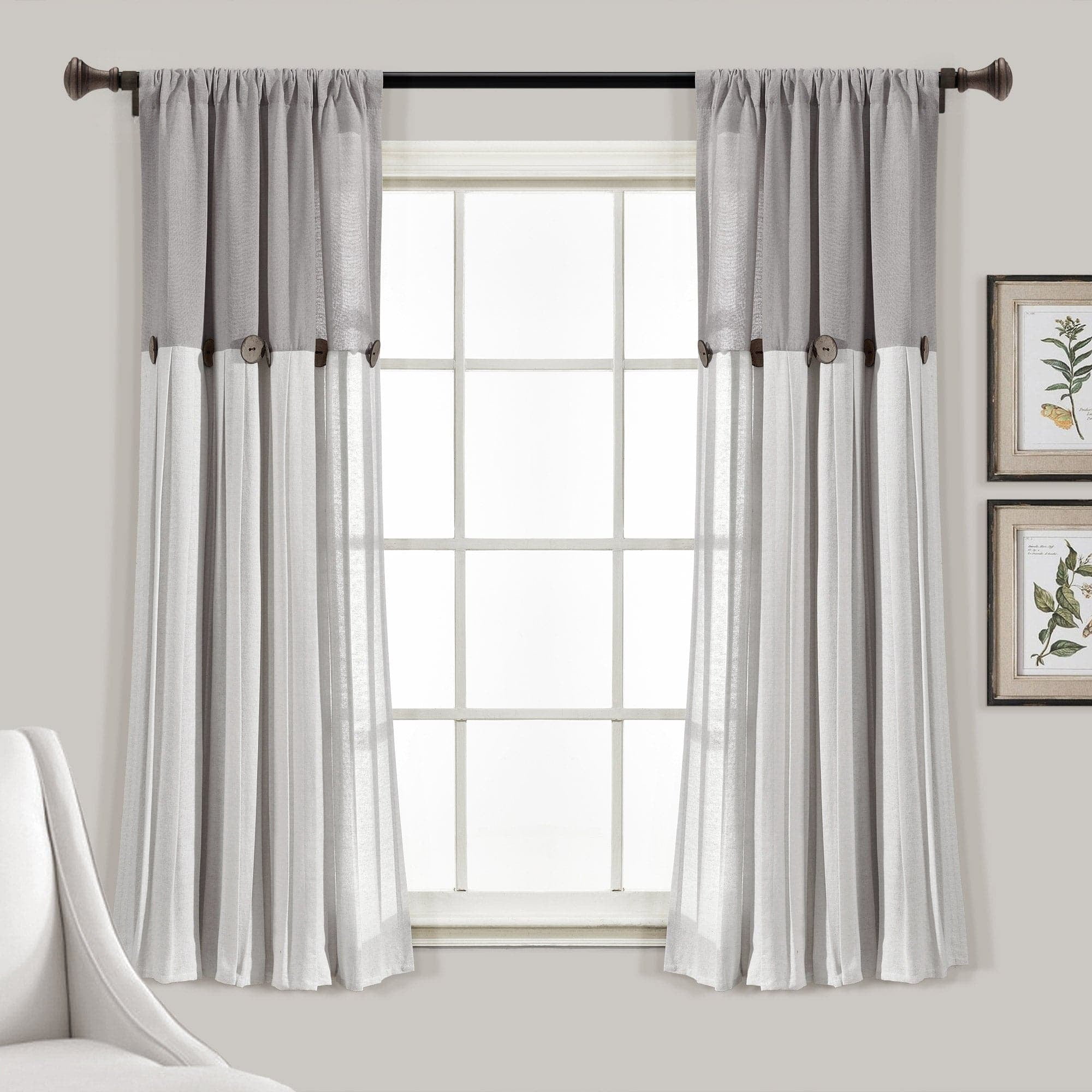 Gray and Off-White Linen Button Window Curtain Panel