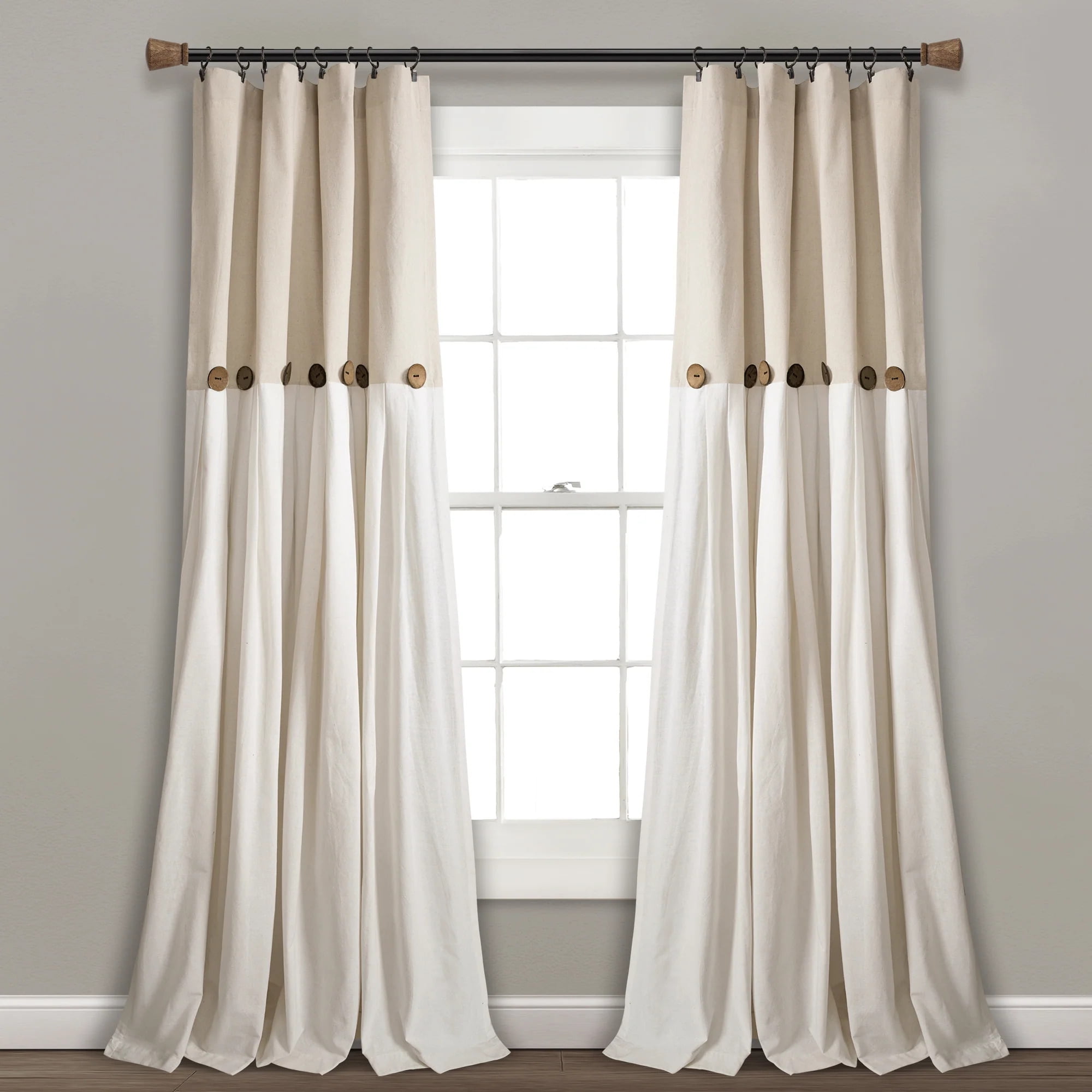 Linen Off-White Pleated Light-Filtering Curtain Panel with Buttons
