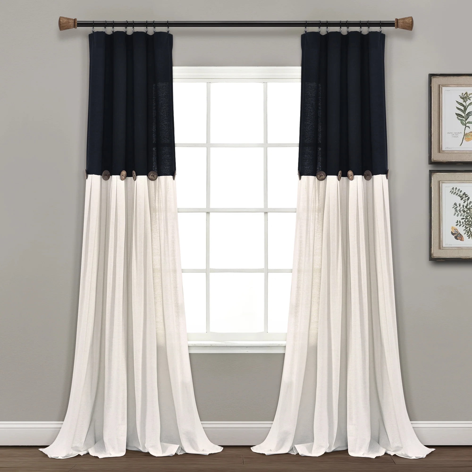 Lush Decor Linen Button Farmhouse Chic Solid Color Cotton Blend 3" Rod Pocket Light Filtering Window Curtain For Living Room and Bedroom, Black/White, 84"L x 40"W, Single Panel