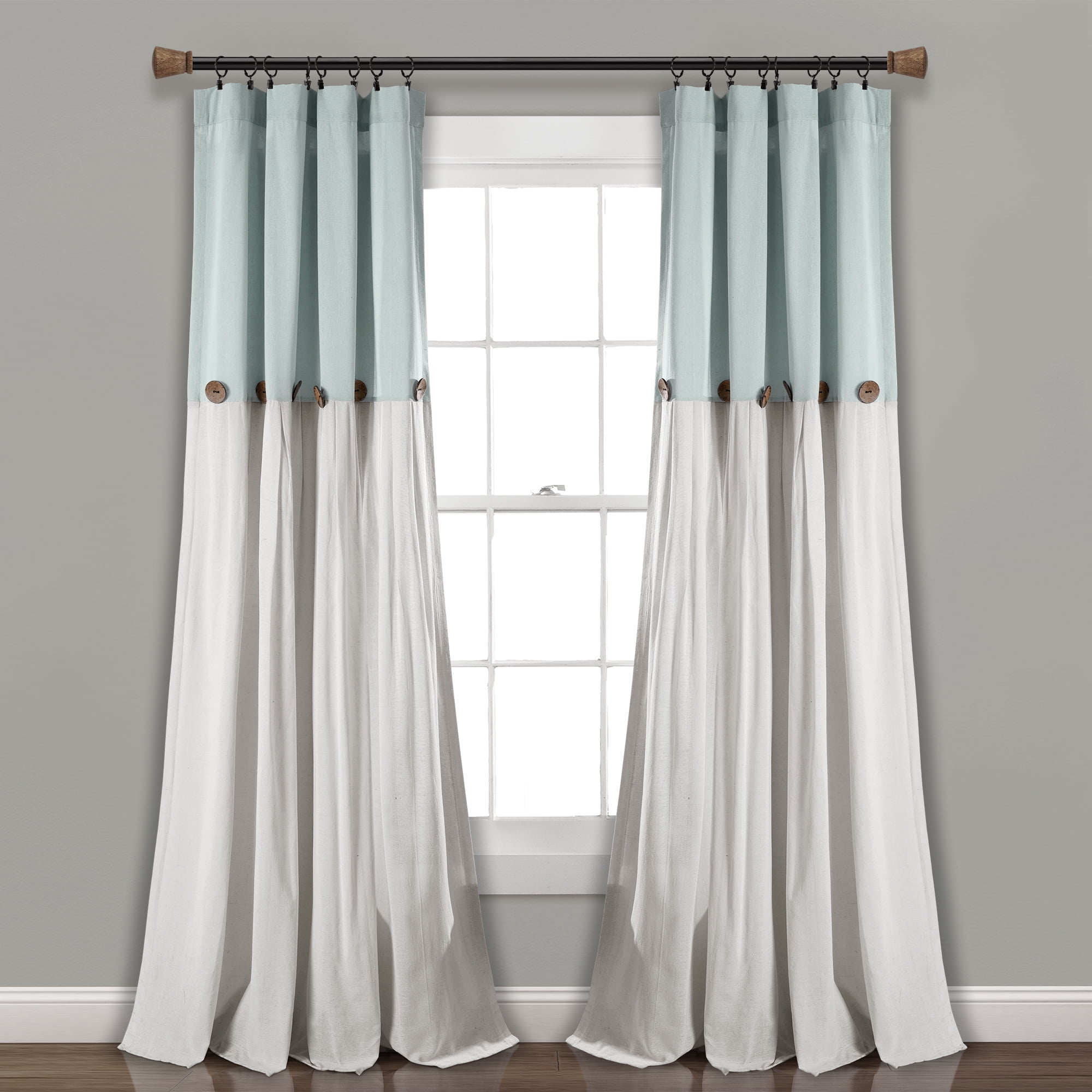 Lush Decor Linen Button Farmhouse Chic Solid Color Cotton Blend 3" Rod Pocket Light Filtering Window Curtain For Living Room and Bedroom, Blue/White, 95"L x 40"W, Single Panel