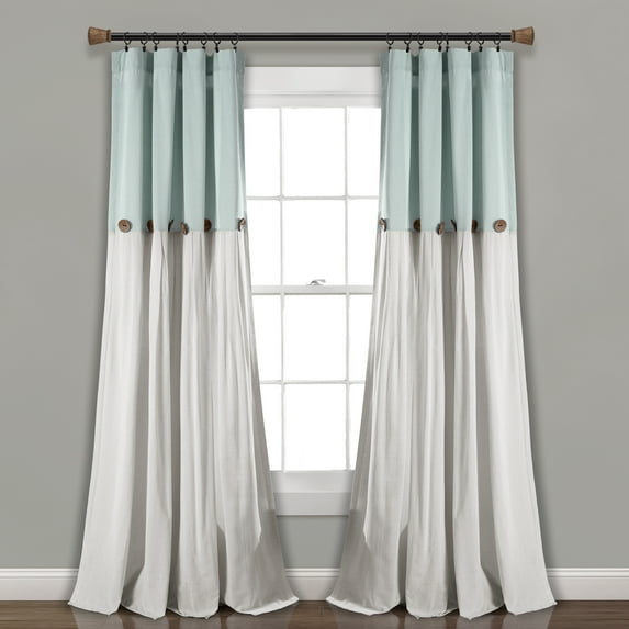 Lush Decor Linen Button Farmhouse Chic Solid Color Cotton Blend 3" Rod Pocket Light Filtering Window Curtain For Living Room and Bedroom, Blue/White, 95"L x 40"W, Single Panel