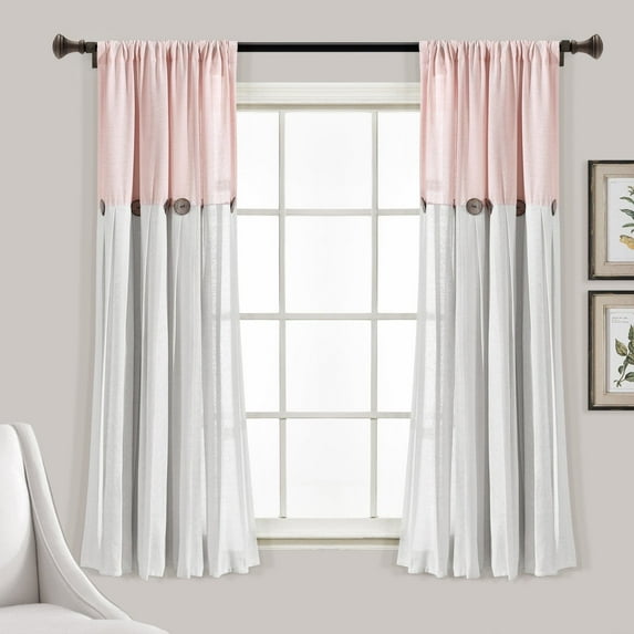 Lush Decor Linen Button Farmhouse Chic Solid Color Cotton Blend 3" Rod Pocket Light Filtering Window Curtain For Living Room and Bedroom, Blush/White, 63"L x 40"W, Single Panel