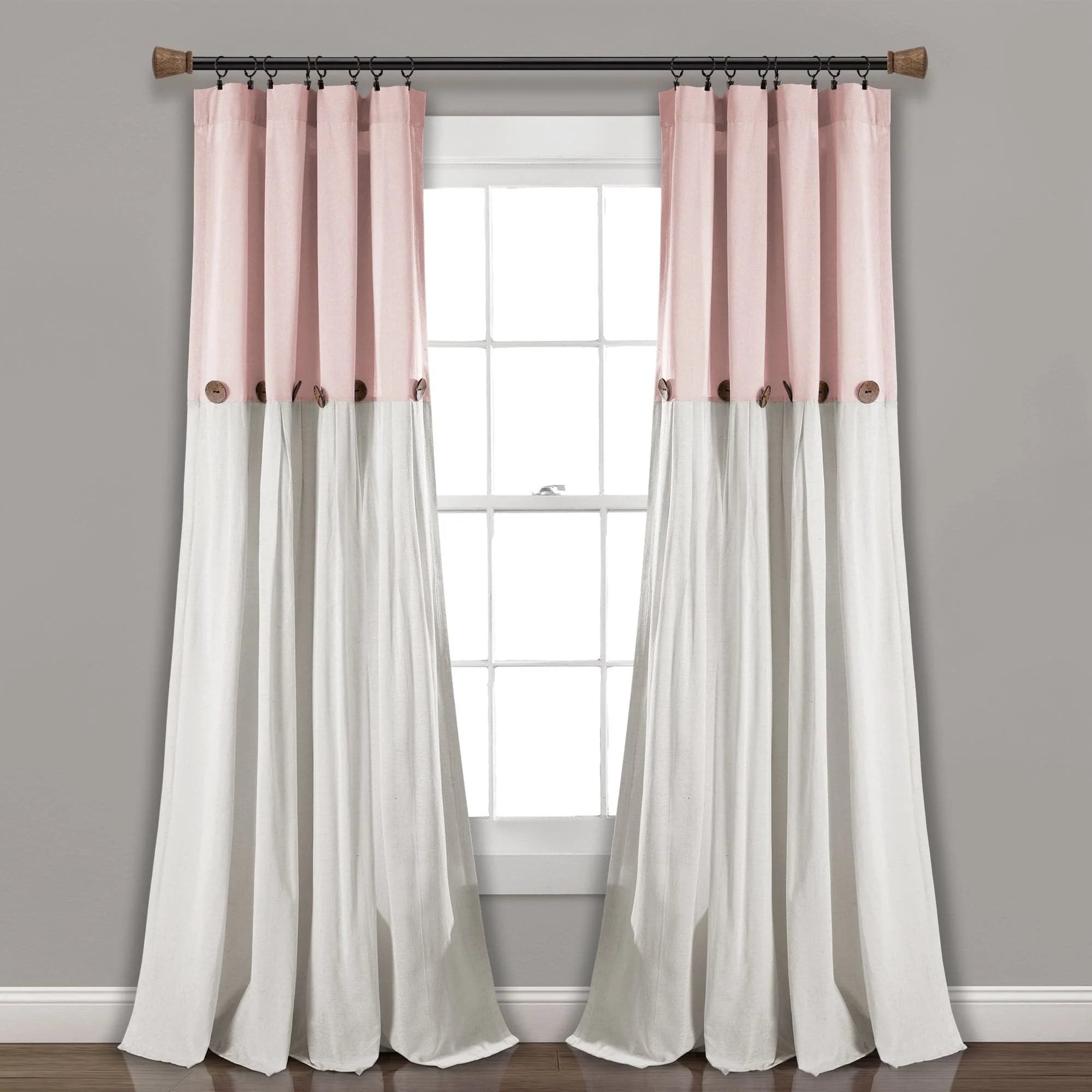 Blush and Off-White Linen Button Window Curtain Panel