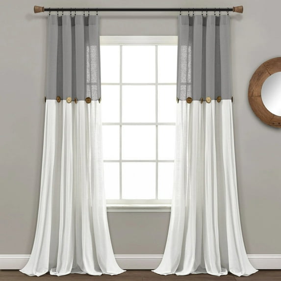 Lush Decor Linen Button Farmhouse Chic Solid Color Cotton Blend 3" Rod Pocket Light Filtering Window Curtain For Living Room and Bedroom, Dark Gray/White, 84"L x 40"W, Single Panel