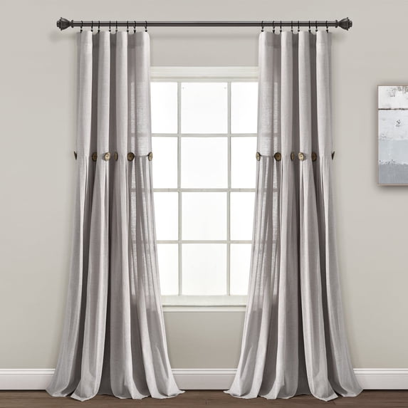 Lush Decor Linen Button Farmhouse Chic Solid Color Cotton Blend 3" Rod Pocket Light Filtering Window Curtain For Living Room and Bedroom, Gray, 95"L x 40"W, Single Panel