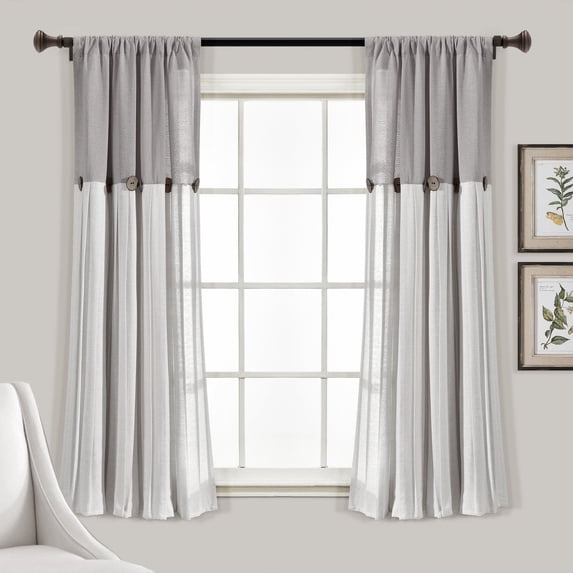 Lush Decor Linen Button Farmhouse Chic Solid Color Cotton Blend 3" Rod Pocket Light Filtering Window Curtain For Living Room and Bedroom, Gray/White, 63"L x 40"W, Single Panel