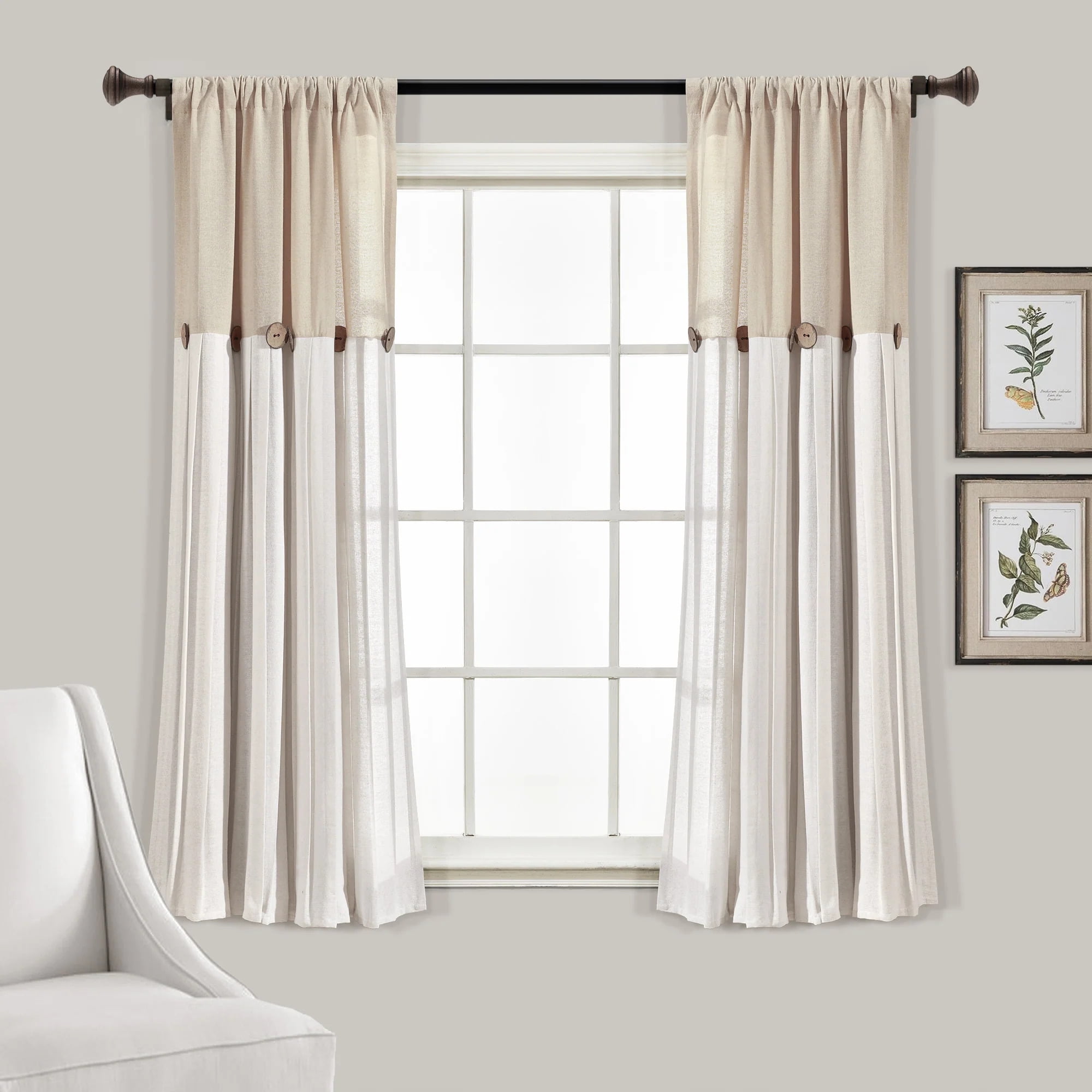 Lush Decor Linen Button Farmhouse Chic Solid Color Cotton Blend 3" Rod Pocket Light Filtering Window Curtain For Living Room and Bedroom, Linen, 63"L x 40"W, Single Panel