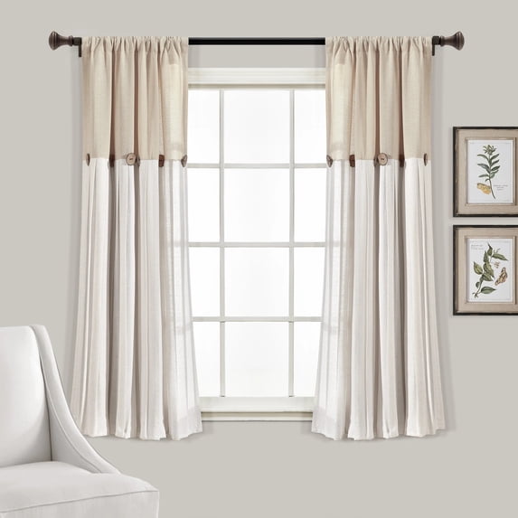 Lush Decor Linen Button Farmhouse Chic Solid Color Cotton Blend 3" Rod Pocket Light Filtering Window Curtain For Living Room and Bedroom, Linen, 63"L x 40"W, Single Panel