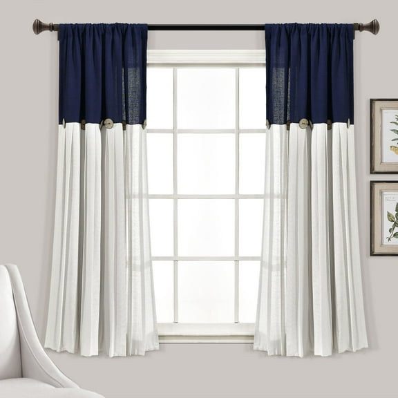 Lush Decor Linen Button Farmhouse Chic Solid Color Cotton Blend 3" Rod Pocket Light Filtering Window Curtain For Living Room and Bedroom, Navy/White, 63"L x 40"W, Single Panel