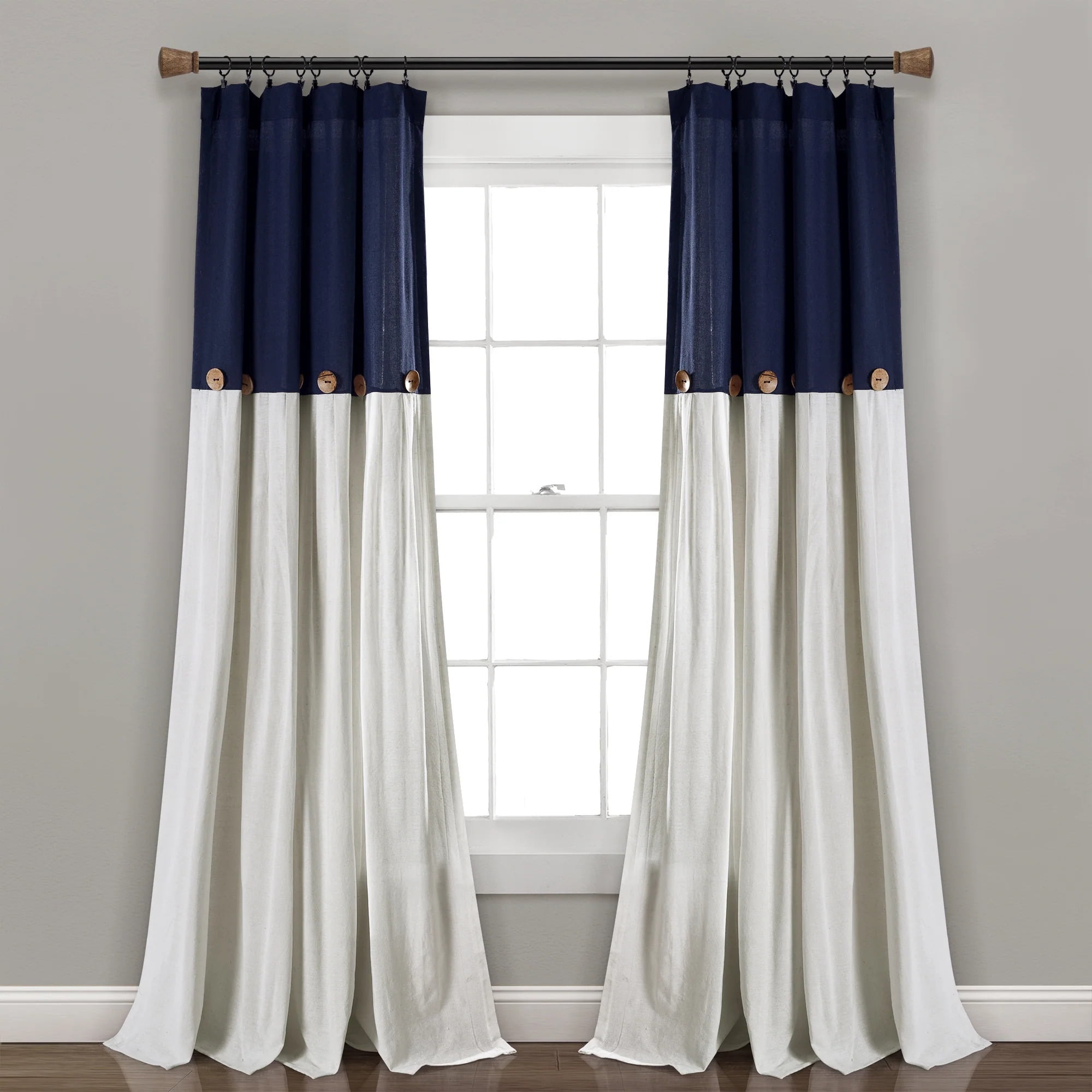Navy and Off-White Linen Blend Light-Filtering Pleated Curtain Panel