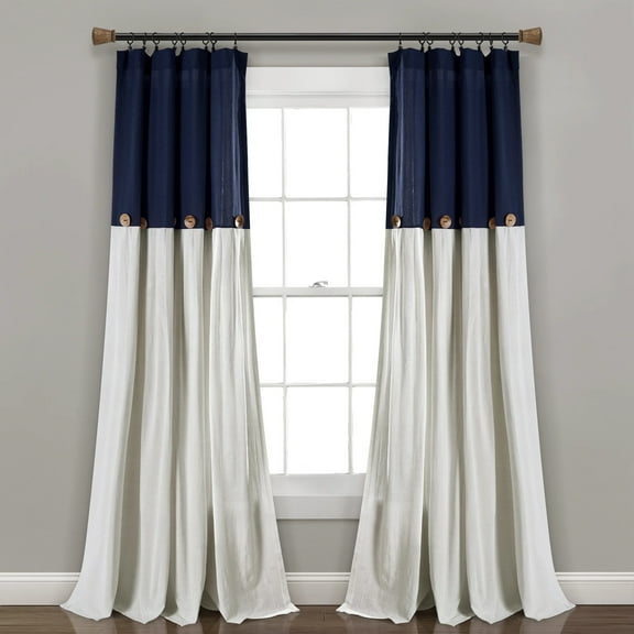 Lush Decor Linen Button Farmhouse Chic Solid Color Cotton Blend 3" Rod Pocket Light Filtering Window Curtain For Living Room and Bedroom, Navy/White, 84"L x 40"W, Single Panel