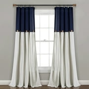 Lush Decor Linen Button Farmhouse Chic Solid Color Cotton Blend 3 Rod Pocket Light Filtering Window Curtain For Living Room and Bedroom, Navy/White, 84L x 40W, Single Panel