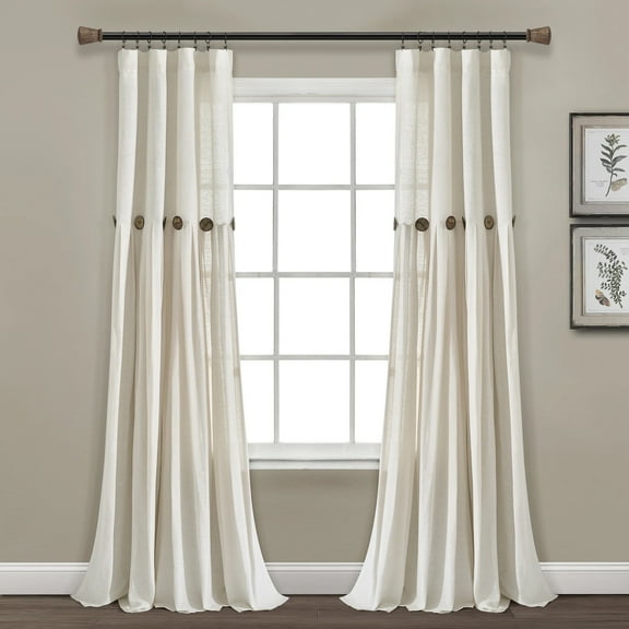 Lush Decor Linen Button Farmhouse Chic Solid Color Cotton Blend 3" Rod Pocket Light Filtering Window Curtain For Living Room and Bedroom, OffWhite, 95"L x 40"W, Single Panel