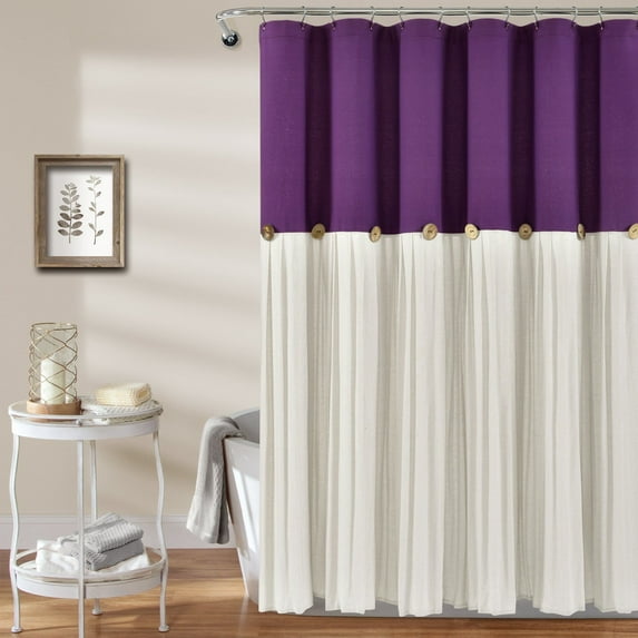 Lush Decor Linen Button Farmhouse Chic Solid Color with Pleats and Button Embellishments Cotton Blend Shower Curtain, Purple/White, 72"L x 72"W, Single