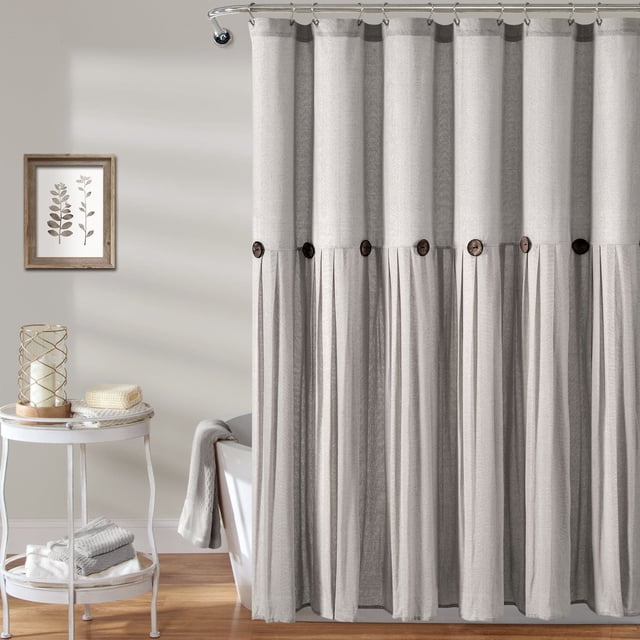 Lush Decor Linen Button Farmhouse Chic Solid Color with Pleats and Button Embellishments Cotton Blend Shower Curtain, Gray, 72"L x 72"W, Single