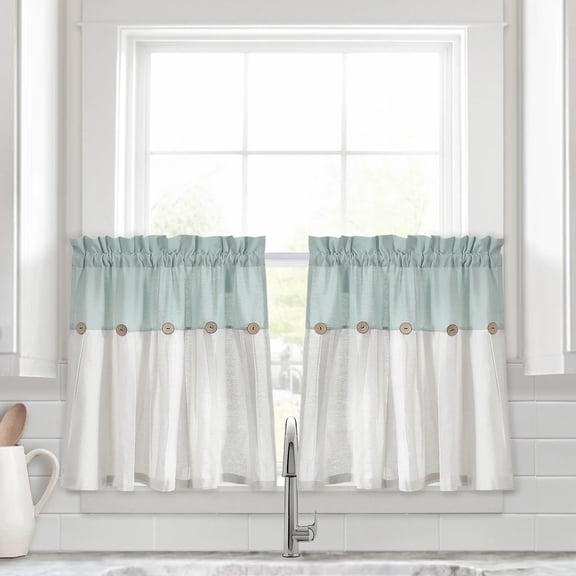 Lush Decor Linen Button Kitchen Tier Window Curtain Panels Blue/White 29X24+2 Set