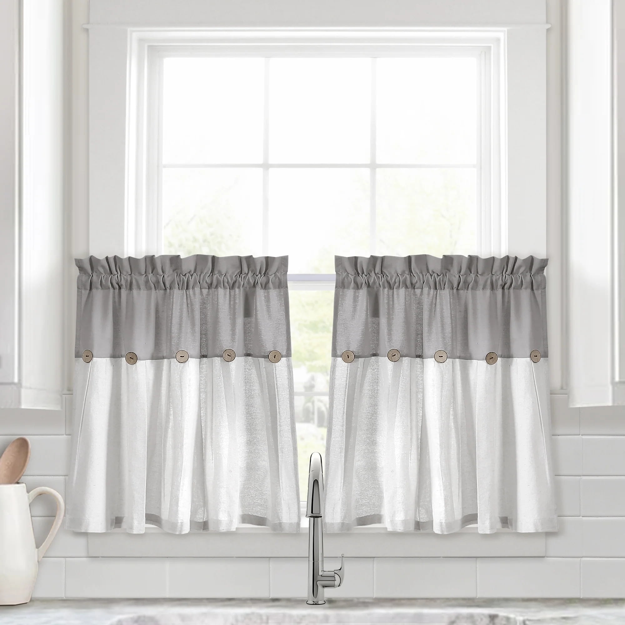Lush Decor Linen Button Kitchen Tiers - Blue/White - 29 x 24 - Walmart.com