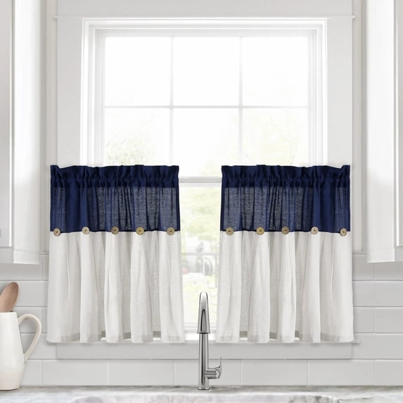 Lush Decor Linen Button Kitchen Tiers - Blue/White - 29 x 24