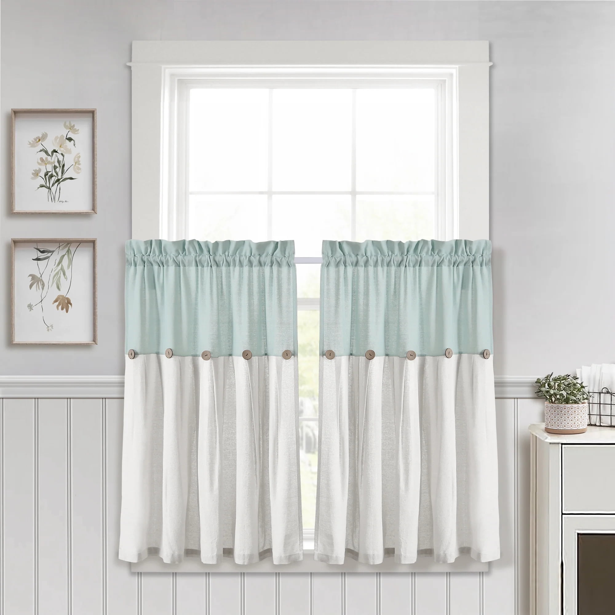 Blue and White Linen Button Kitchen Tier Curtains, 29" x 36"