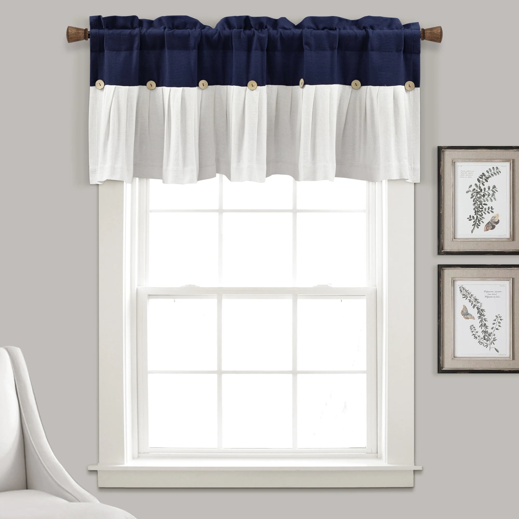 Navy and Off-White Cotton Blend Button Detail Valance