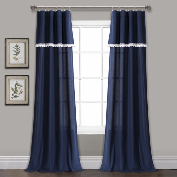Lush Decor Linen Lace Lace 84" x 38" Lace Navy Cotton Blend 3" Rod Pocket Pair Window Panel