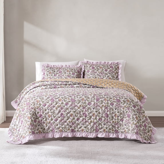 Lush Decor Lola Block Print&nbsp;Ruffle Reversible Floral Quilt 3 Piece Set Full/ Queen Purple & Yellow - Block Print Quilt - Floral Bedding Set - Vintage Decor