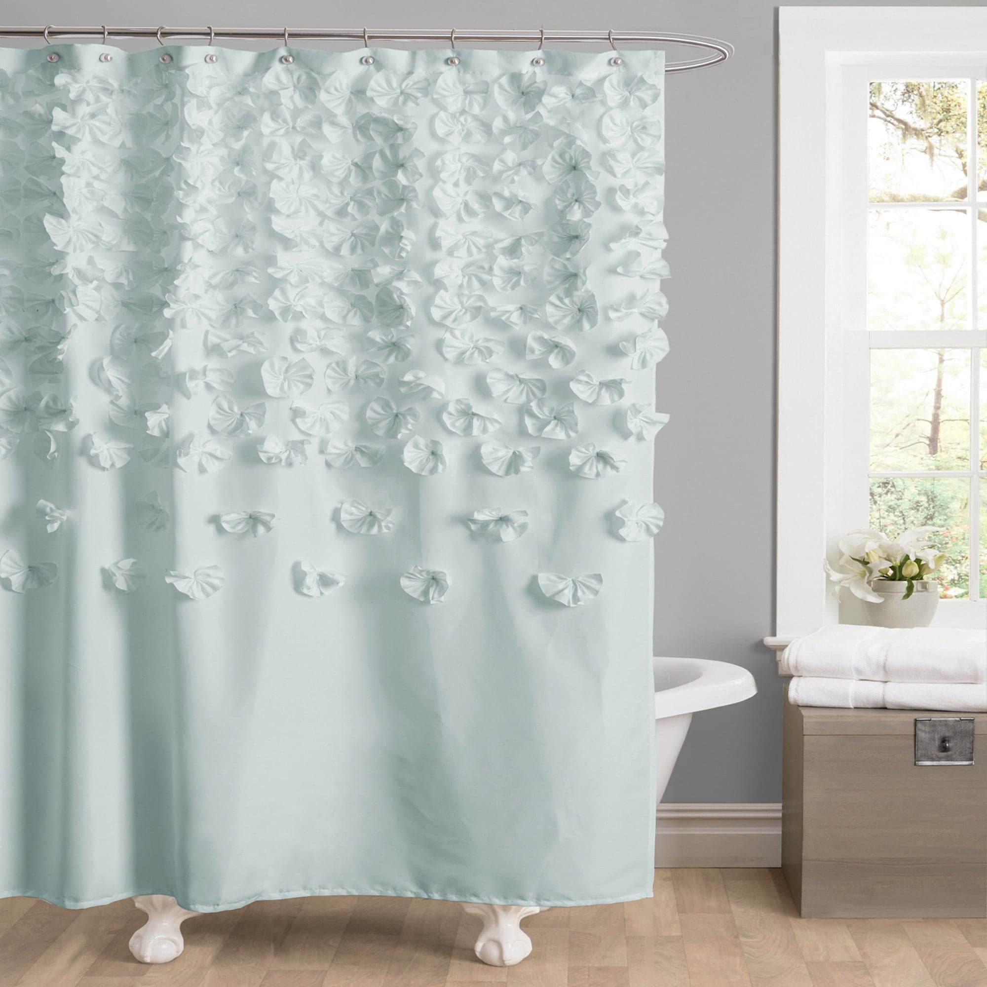 Lucia Blue 72" x 72" Fabric Shower Curtain with Handmade Bow Details