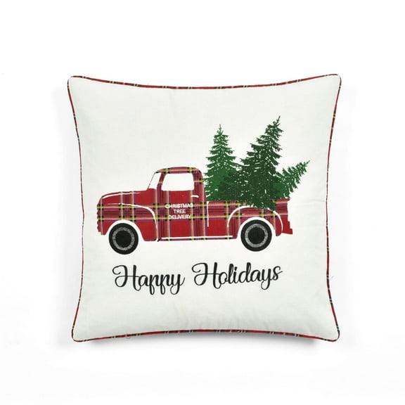 Lush Decor Holiday Truck Plaid Decorative Pillow Cover Red