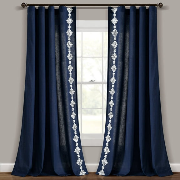 Lush Decor Luxury Modern Geo Linen Like Embroidery Border Window Curtain Panel Navy Single 52X84
