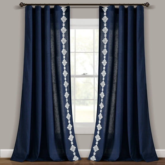 Lush Decor Luxury Modern Geo Linen Like Embroidery Border Window Curtain Panel Navy Single 52X84