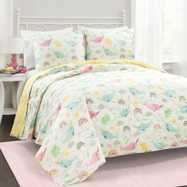 Lush Decor Magical Narwhal Reversible Oversized Quilt White/Multi 2Pc Set Twin