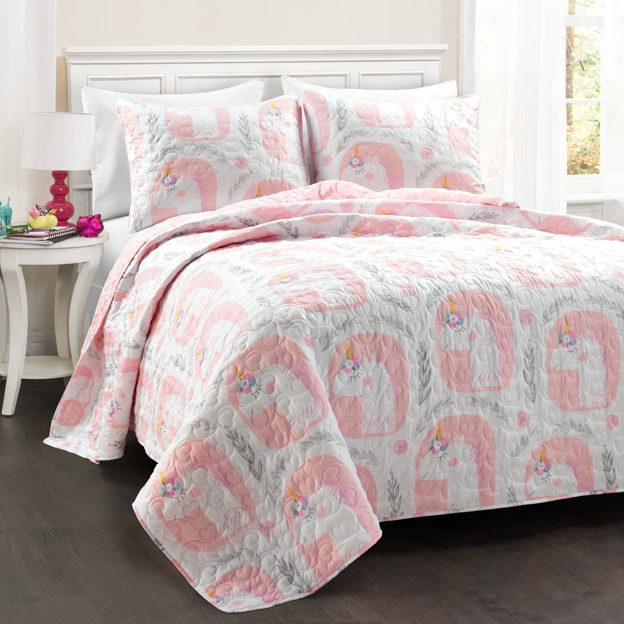 Pink Twin Reversible Microfiber Unicorn Quilt Set