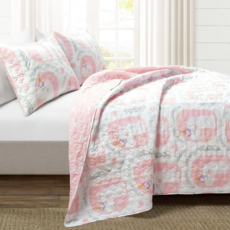 Lush Decor Make A Wish Inspirational Unicorn Reversible Oversized Quilt Pink 3Pc Set Full Queen Walmart