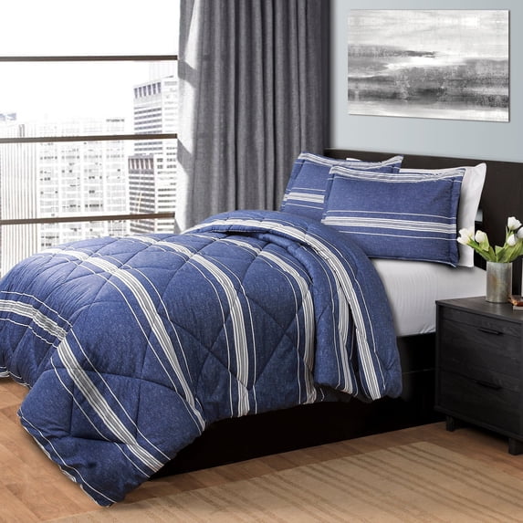 "Lush Decor Marlton Stripe Reversible Back To Campus Dorm Room Comforter, Full/Queen, Navy 3-Pc Set"