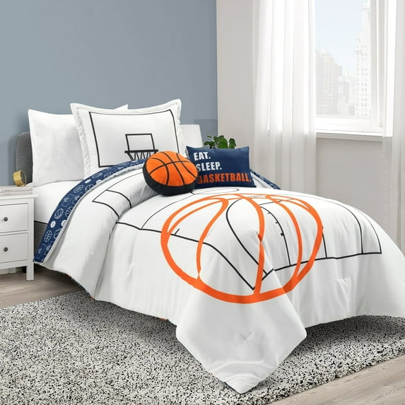 Lush Decor Microfiber Basketball Game Reversible Oversized Comforter White/Navy 4Pc Set Twin