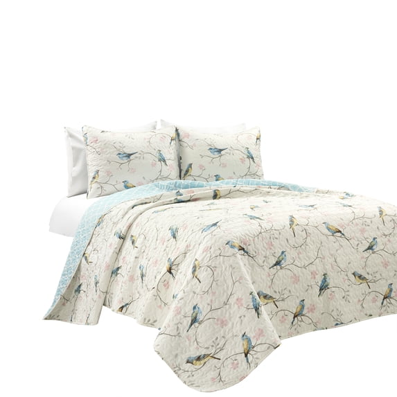 Lush Decor Microfiber Botanical Bird And Flower Oversized Reversible Quilt Multi 3Pc Set King