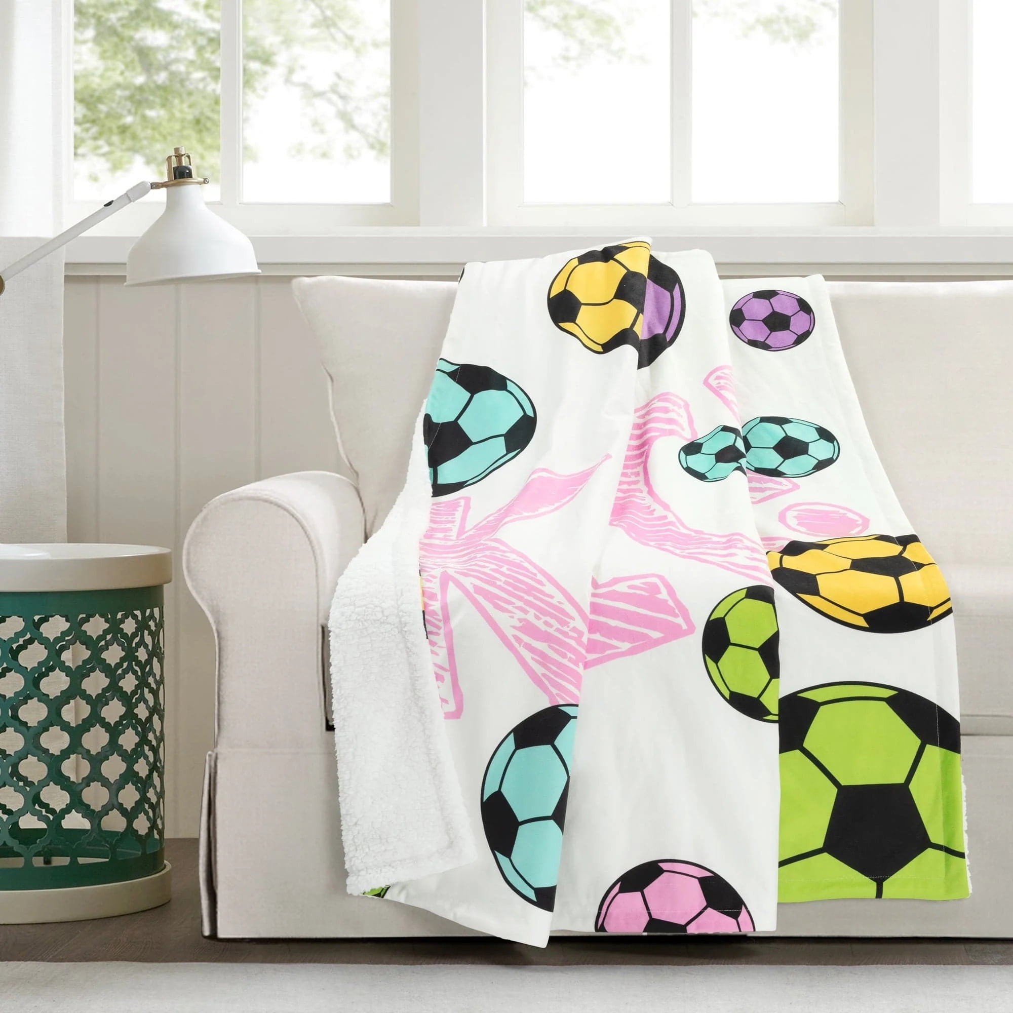 Girls' Soccer Kick White and Turquoise Sherpa Throw Blanket