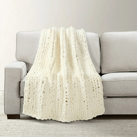 Lush Decor Microfiber Hygge Ultra Soft Cozy Chenille Chunky Knit Blanket/Throw Ivory Single 40X72