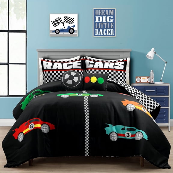 Lush Decor Microfiber Racing Cars Reversible Oversized Comforter Black/Multi 5Pc Set Full/Queen