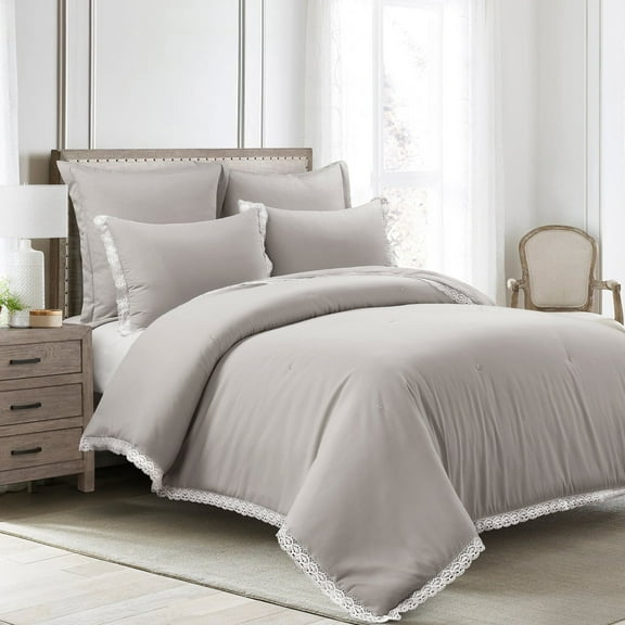 Lush Decor Microfiber Rosalie Cottage Core Embellished Lace Comforter Light Gray 5Pc Set Full/Queen