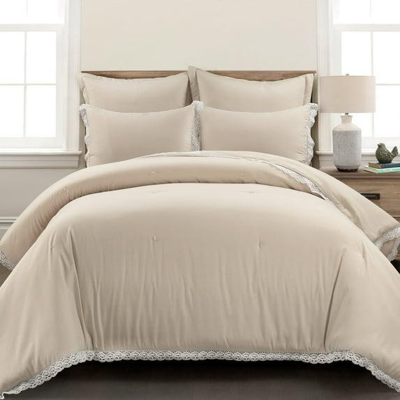 Lush Decor Microfiber Rosalie Cottage Core Embellished Lace Comforter Neutral 5Pc Set King