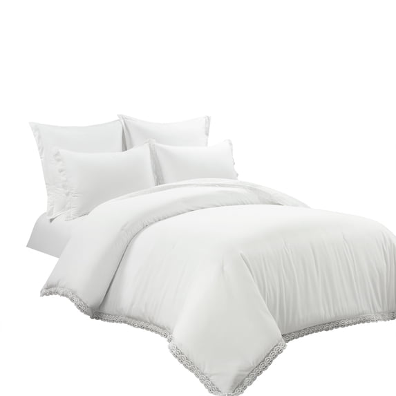 Lush Decor Microfiber Rosalie Cottage Core Embellished Lace Comforter White 5Pc Set Full/Queen