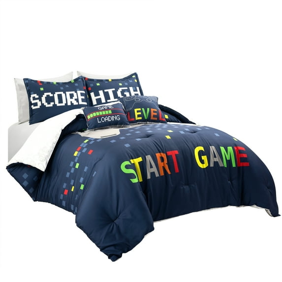 Lush Decor Microfiber Video Games Reversible Oversized Comforter Navy/Multi 5Pc Set Full/Queen