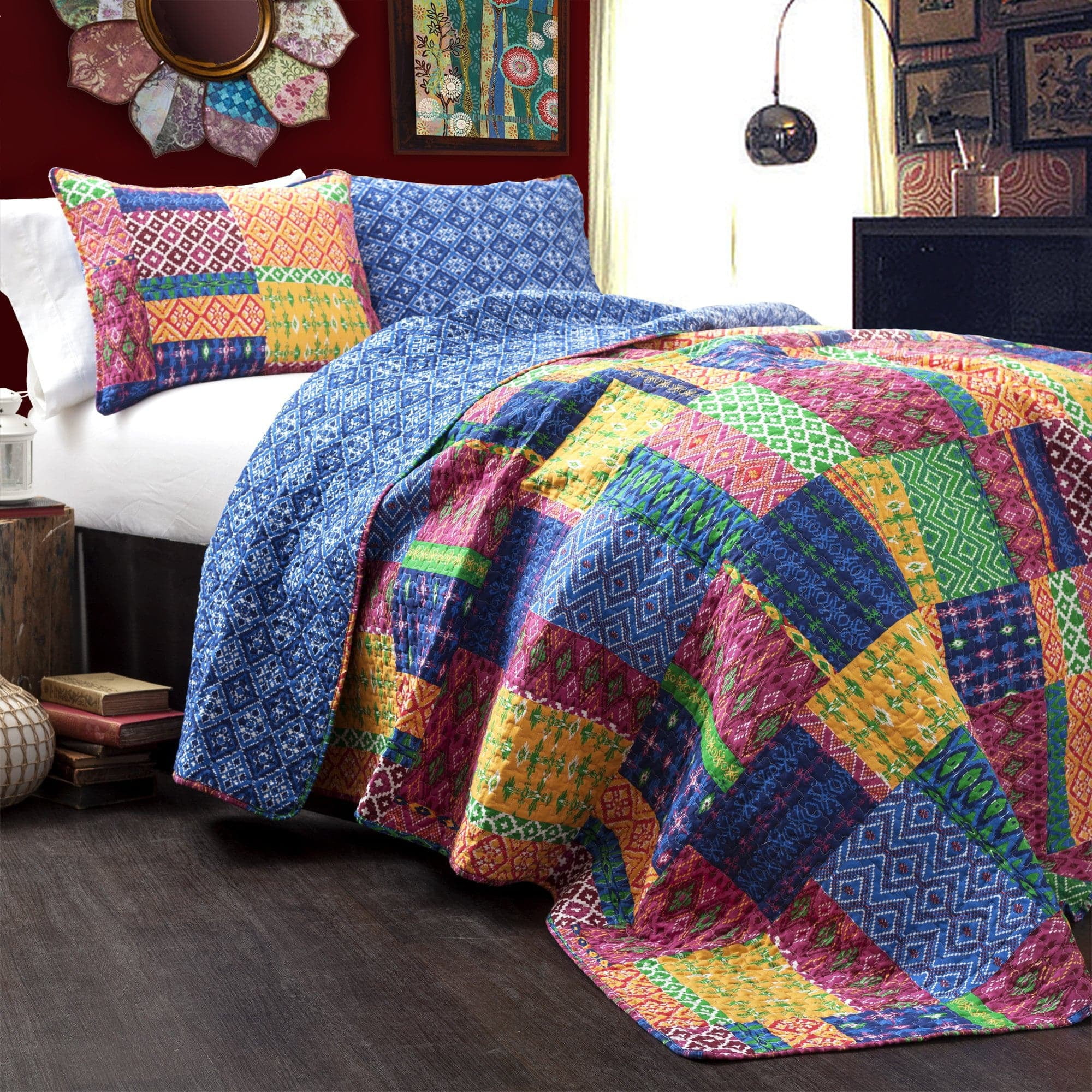 King Size Navy Cotton Reversible Patchwork Quilt Set