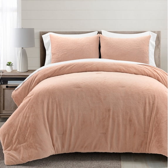 Lush Decor Modern Solid Ultra Soft Faux Fur Light Weight All Season Comforter Blush 7Pc Set Queen