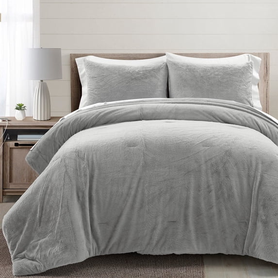 Lush Decor Modern Solid Ultra Soft Faux Fur Light Weight All Season Comforter Light Gray 7Pc Set Queen