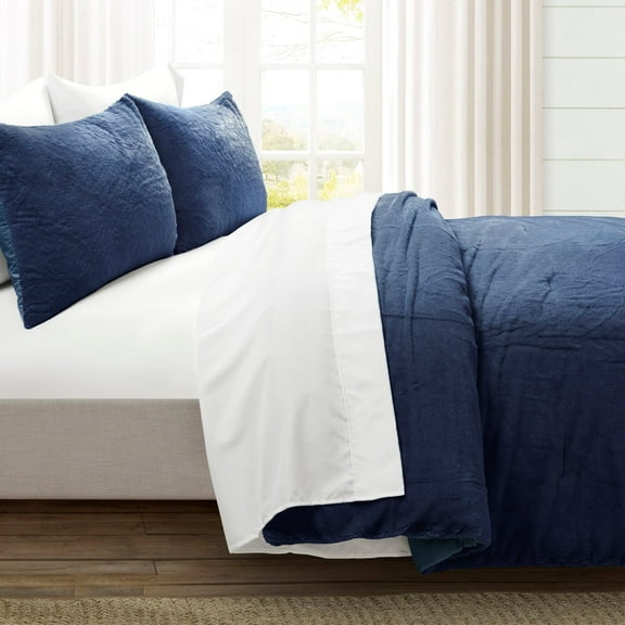 Lush Decor Modern Solid Ultra Soft Faux Fur Light Weight All Season Comforter Navy 7Pc Set King