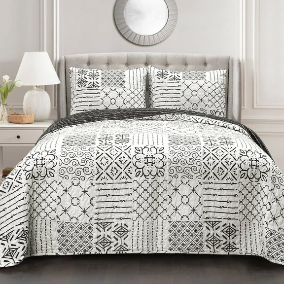 Lush Decor Monique Geometric Print Pattern Cotton Lightweight Reversible Quilt, King, Charcoal, 3-pc set includes: 1 Quilt, 2 Pillow Shams