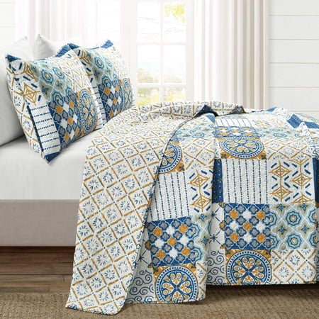 Lush Decor Monique Geometric Print Pattern Cotton Lightweight Reversible Quilt, King, Navy/Mustard, 3-pc set includes: 1 Quilt, 2 Pillow Shams